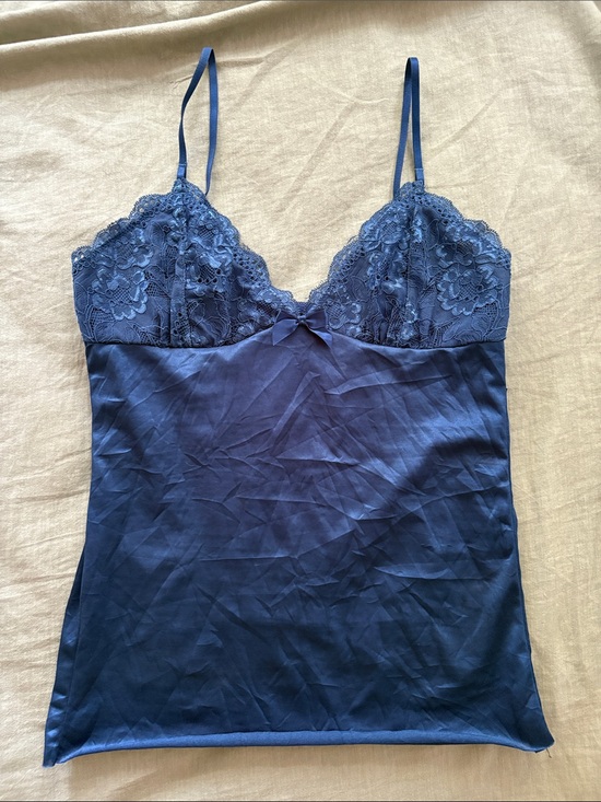 Vintage Tops - Silk Blue Lace Trim Cami Tank Top